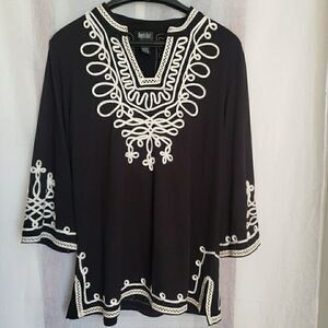 Boho Blouse Black White Embroidered Short Sleeve Peasant Gypsy Art Women XL FLAW